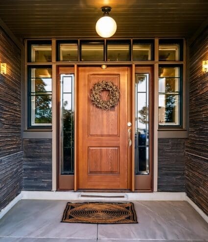 Close-up of a newly installed front door with modern hardware, natural light streaming in. J Kidd Construction